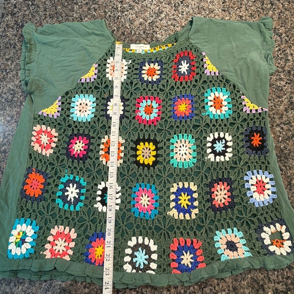 Umgee USA Womens 2XL Green Crochet Granny Square Boho Flutter Sleeve Blouse Top - Picture 2 of 6